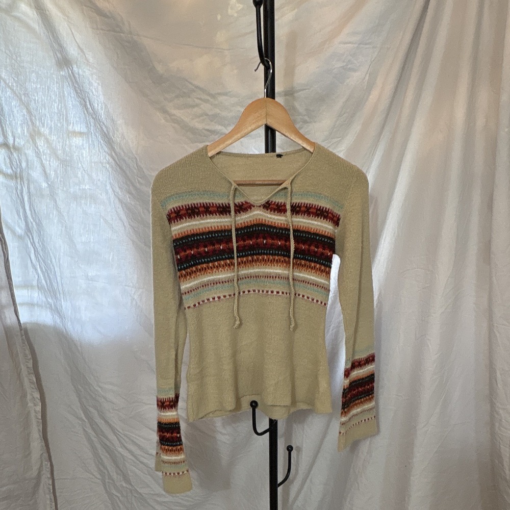 Beige Multicolor Striped Knit Lace-Up Pullover Sweater Wool Long Sleeve M